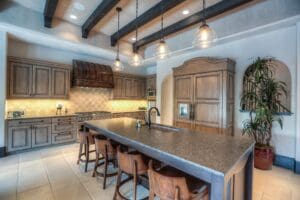 Modern kitchen with wooden cabinets and island