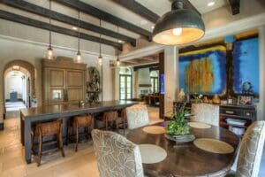 Contemporary dining area with abstract artwork
